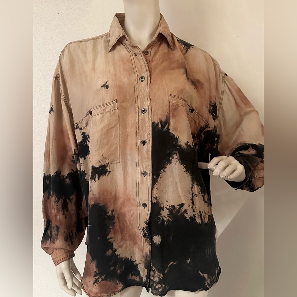 Vtg 80s 90s Moda International SILK Tie Dye blouse shirt sz LARGE